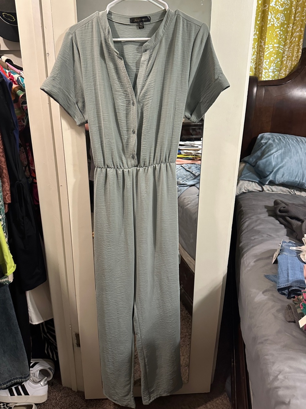 Soft Sage Green Short-Sleeve Button Jumpsuit